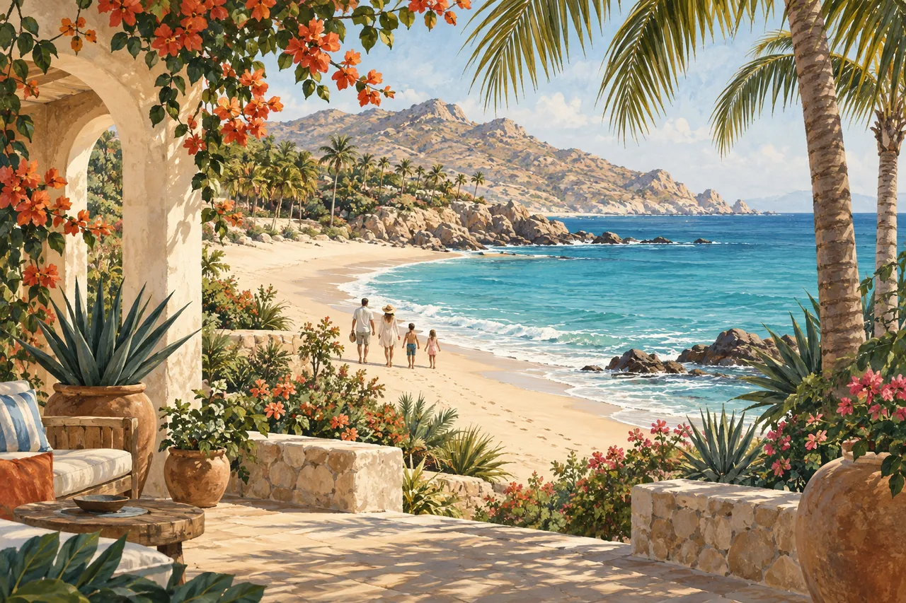 Illustration of a family beach escape on the Sea of Cortez.